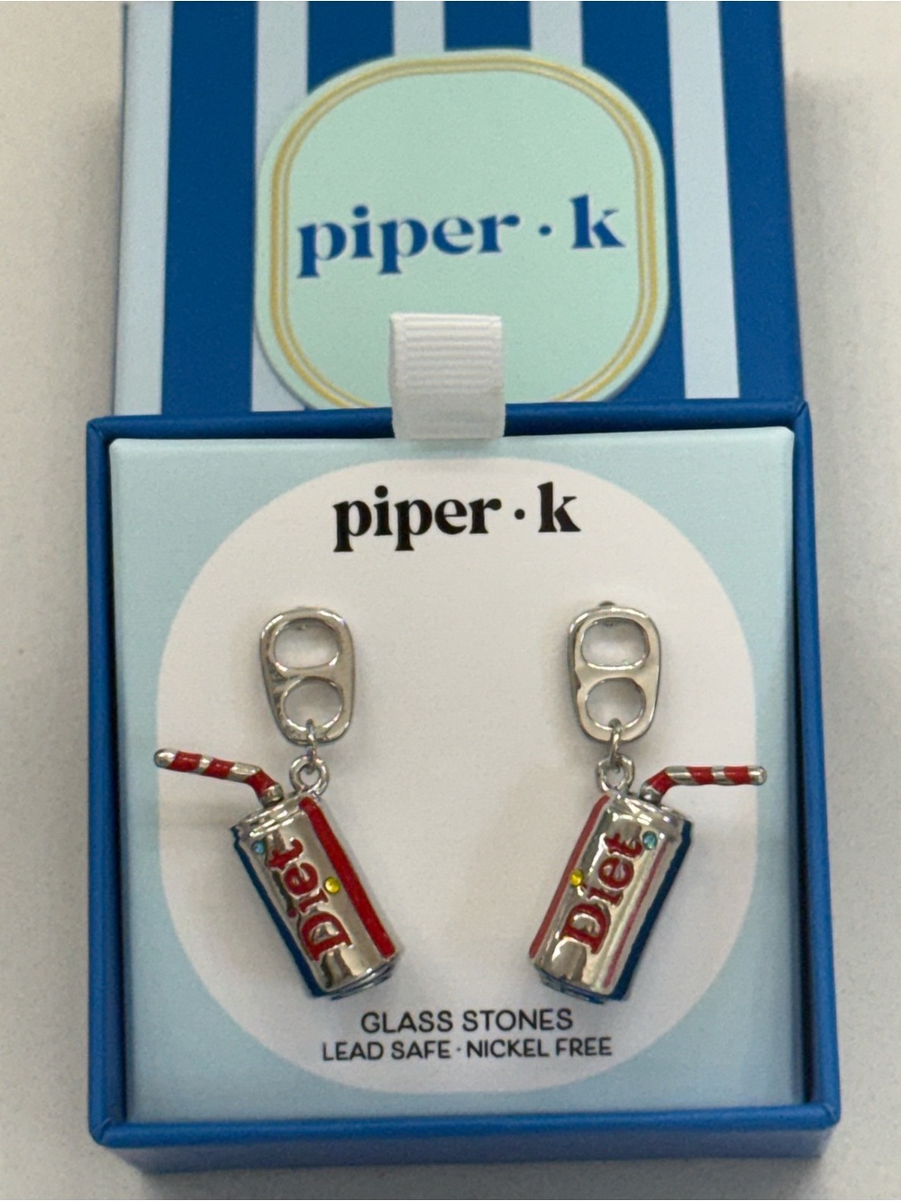 Piper Red and Silver Soda Can Drop Earrings with Striped Straw NIB